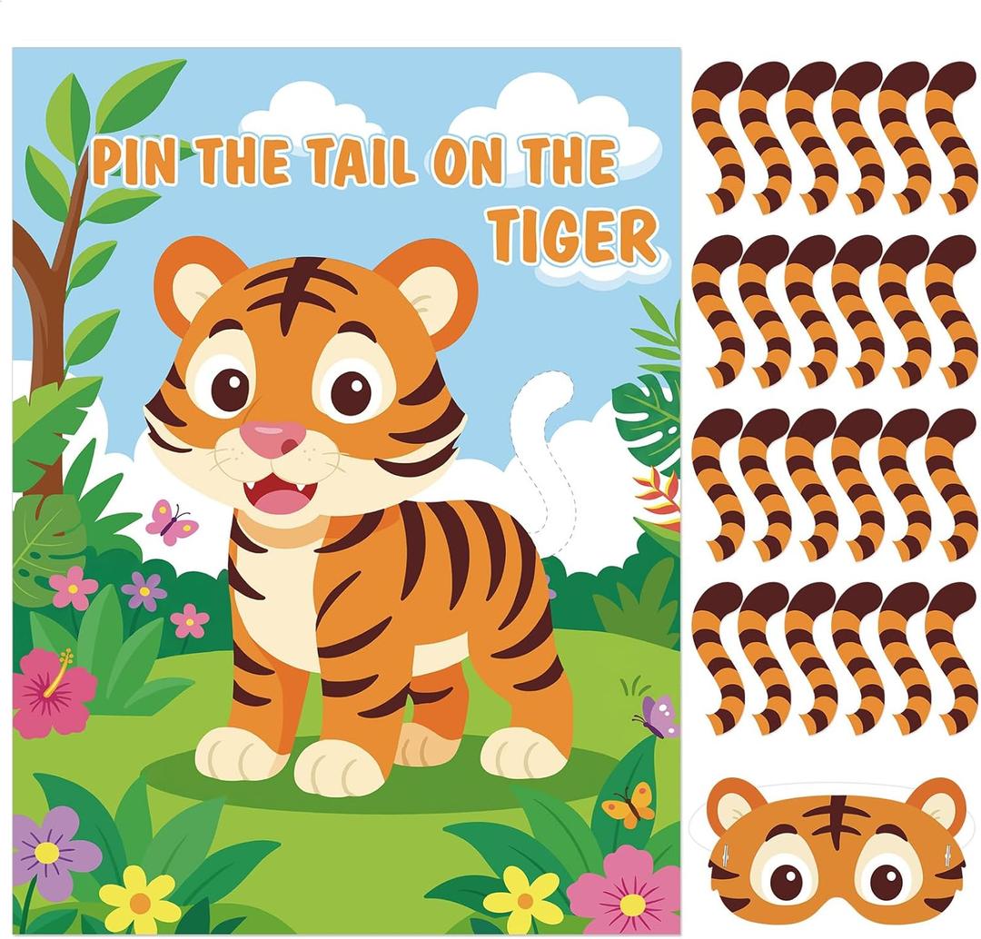 Faccito Jungle Animal Games Pin The Tail On The Tiger Safari Animal Birthday Party Games with Tiger Poster 24 Tail Stickers and Blindfold for Safari Jungle Zoo Forest Party Decorations Supplies