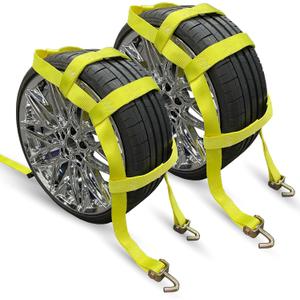 Adjustable Wheel Net Tow Basket Straps with Swivel J Hooks (2 Pack) - Universal for 14"-22" Tires - Strap for Dolly with Ratchet or Winches, 10,000lbs Break Strength