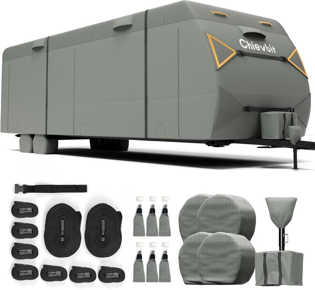 Travel Trailer Cover 20'-22',Anti-Tear Extra-Thick 7 Layer RV Cover,Windproof Camper Cover with Adhesive Repair Patches,2 Extra Straps & 4 Tire Covers