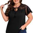 ZNU Women' s Plus Size Summer Tops Elegant Tie Front Bow Knot Round Neck Lace Ruffle Short Sleeves T-Shirts Tee Blouse (Black, XXL)