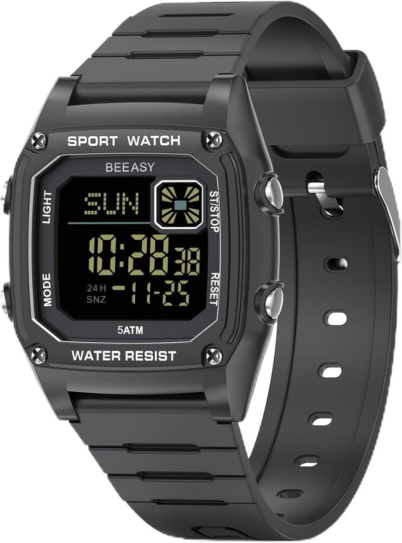 Beeasy Kids Watch for Ages 3-15 Boys Girls, 50M Waterproof Silicone Sports Watch with Alarm & Stopwatch - Durable LED Backlight Kids Digital Watch for School, Swimming, and Outdoor Play, Ideal Kids Gift (black)