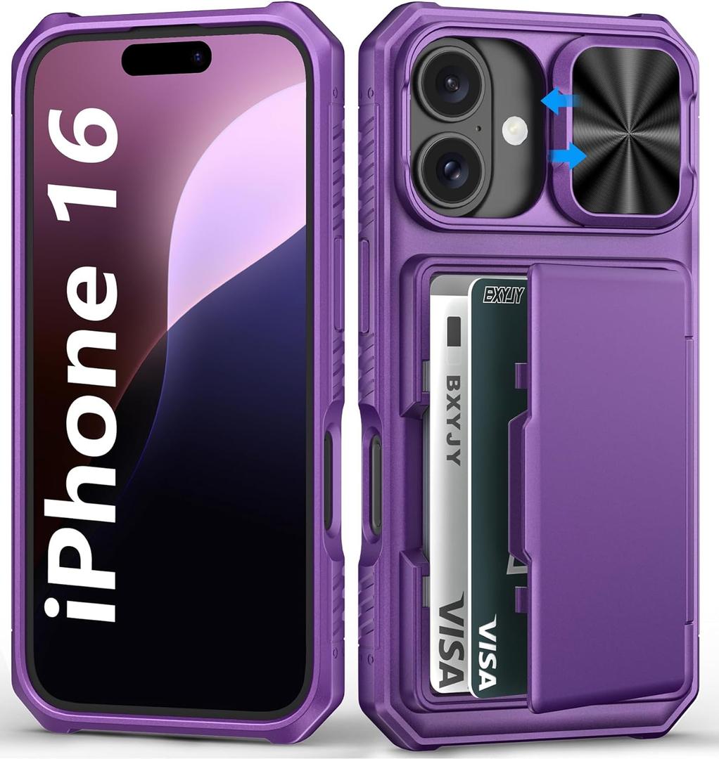 BXYJY for iPhone 16 Wallet Case with Camera Cover, Built-in Card Holder (4-5 Cards), RFID Blocking, Military Grade Protection, Heavy Duty Women Men Protective Phone Case for iPhone 16, Dark Purple