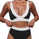 Hilinker Women's Leopard Bikini Swimsuits V Neck High Waisted 2 Piece Bathing Suits (Medium, Black White Colorblock)