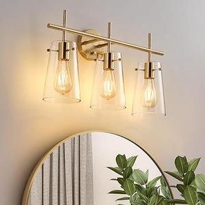 VIFEEY 3 Light Vanity Light, Modern Tapered Glass Shade Gold Bathroom Wall Sconce