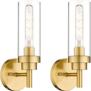 Emak Brushed Gold Sconces Wall Decor Set of 2, Modern Bathroom Light Fixtures Wall Sconce with Clear Glass Shade for Bathroom, Bedroom, Living Room, Hallway, WS085-BGD-2PK (13 inch - 2PC)