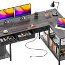 PRAISUN 55 Inch L Shaped Office Desk with Power Outlets and Type-C Port, Large Computer Gaming Desk with 3 Fabric Drawers, Mesh Shelves, Corner Study Work Writing Desk, Grey, 55.1inch