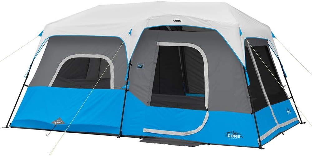 CORE Instant Cabin Tents with LED Lights | 6 Person / 9 Person / 12 Person Family Multi Room Lighted Pop Up Tents for Camping | Included Storage Pockets for Camping Accessories