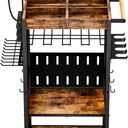 Heavy-Duty Power Tool Organizer with Charging Station, Premium Thickened Wood Panels, 4 Layers + 4 Multi-Functional Side Hooks Integrated Design Power Tool Organizers and Storage (Brown Wood + Black)