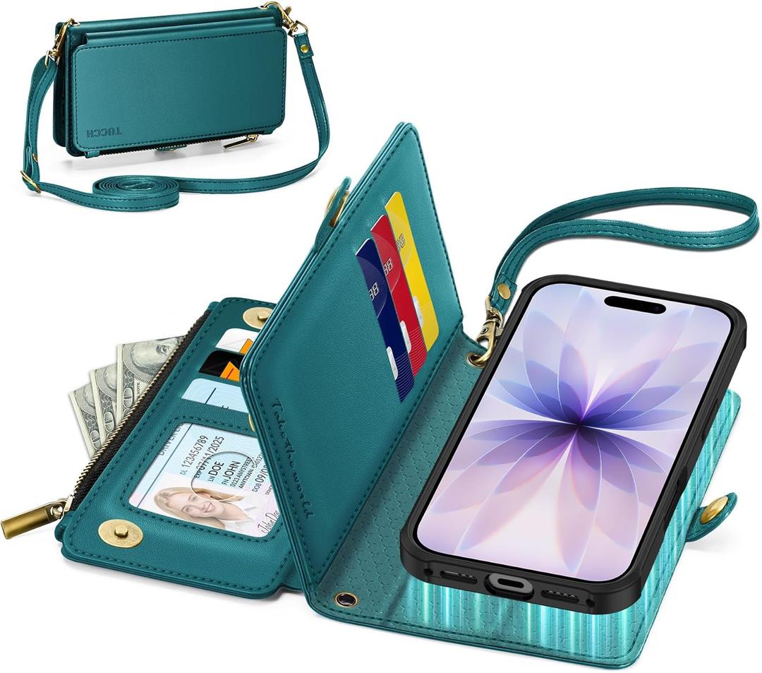 TUCCH Detachable Crossbody Wallet Case for iPhone 17 (6.3"), 9 Card Holders RFID Blocking | Lanyard | Wrist Strap | Wireless Charging | Zipper Pocket | PU Leather | Kickstand Flip Cover | Bluish Green