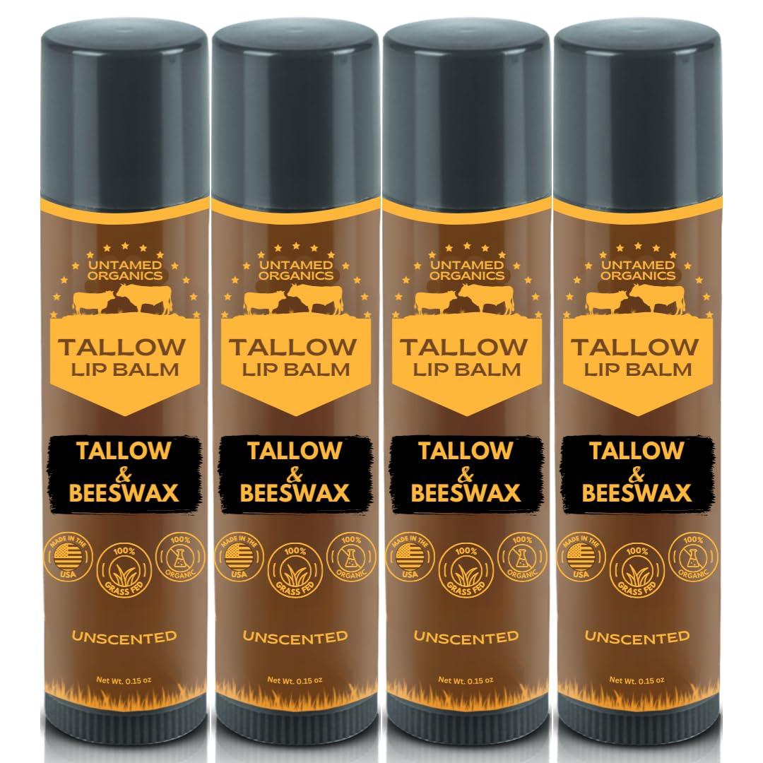 Untamed Organics Pure Tallow Lip Balm | 100% Grass-Fed Beef Tallow and Organic Beeswax | Moisturizing Lip Care for Dry, Chapped Lips | Hypoallergenic, Fragrance-Free | Handcrafted in USA | 4-Pack