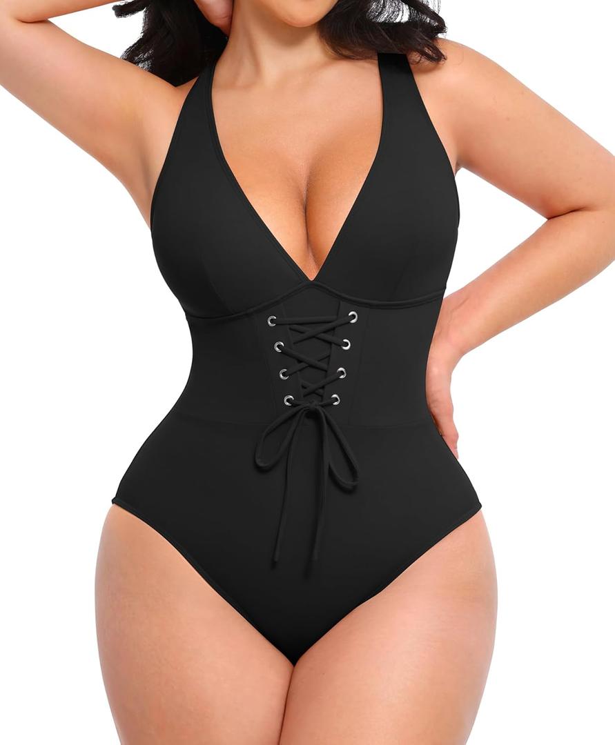 SHAPELLX Women One Piece Swimsuits Tummy Control Bathing Suits Push Up Slimming Swimwear with Built-in Bra V Neck (Black, L)