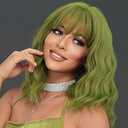 MOSINA Olive Green Short Wavy Wig with Bangs, Pastel Colored Cosplay Wig for Women, Medium & Short Bob Wigs, Halloween Ready