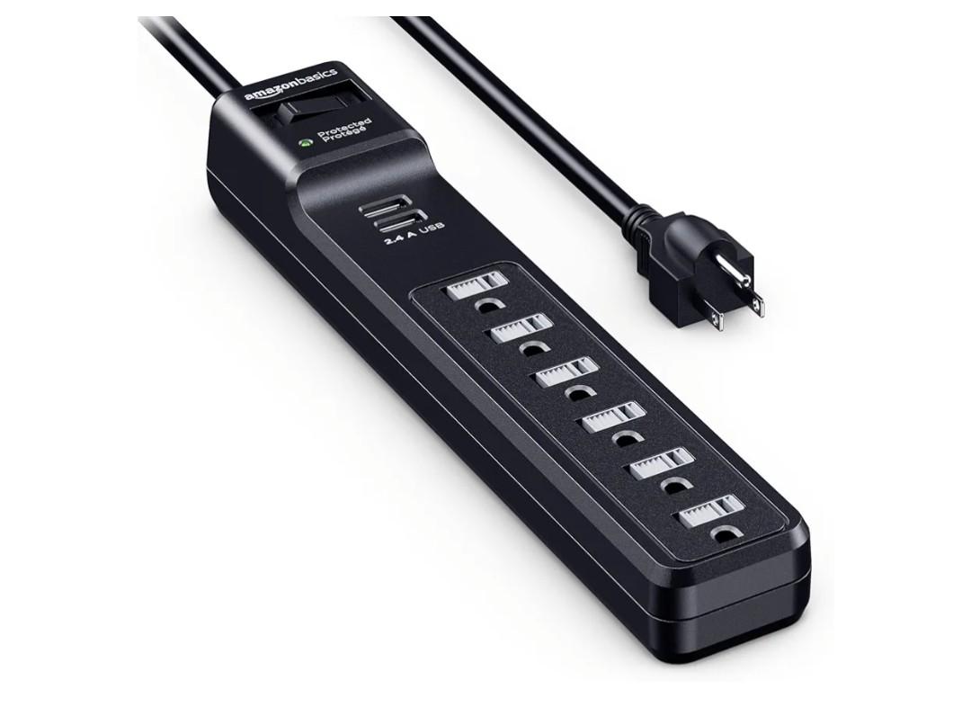 Amazon Basics Surge Protector Power Strip with 6 Outlets, 2 USB Ports, 1000 Joule, 6-Foot Cord Length, Black