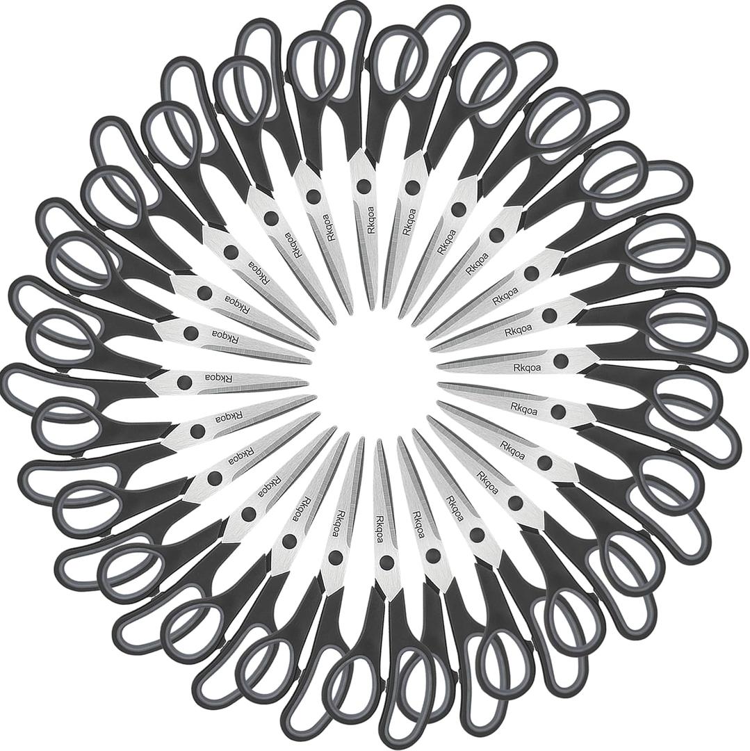 24 Black Scissors Bulk, Rkqoa 8" All Purpose Scissors Pack - Thick Sharp Shears for Office School Sewing Craft Supplies, Classroom Must have, Teacher/Class Scissor, Right/Left Handles