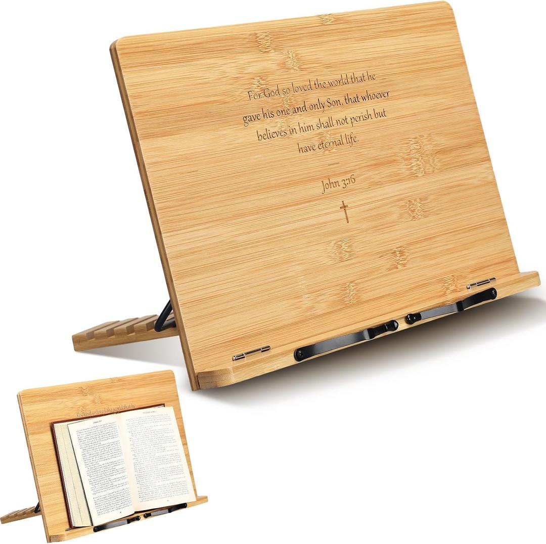 Geelin Christian Gift for Women Large Bible Stand for Display at Home Adjustable Bamboo Bible Holder Stand Tray Page Clip Portable Stable Hard-Wearing Easter Religious Gift(Classic,15x11'')