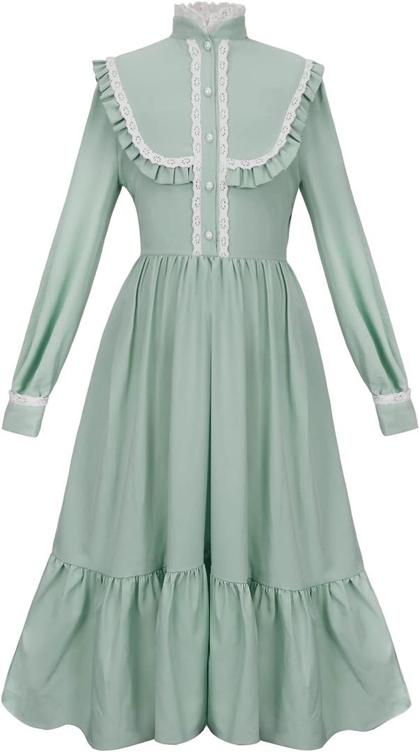 HEQU Pioneer Dress Colonial Dress Victorian Costumes Prairie Dress for Girls (Green, 10 Years)