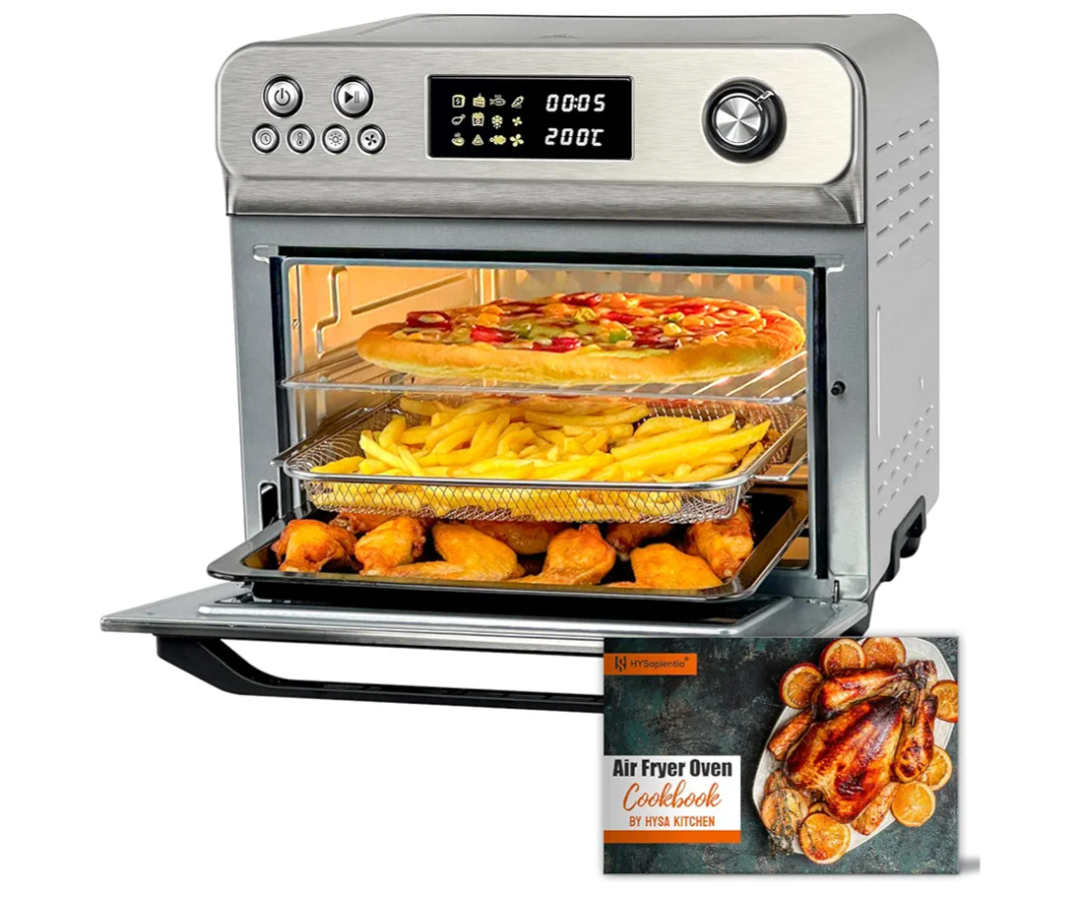 HYSapientia Air Fryer Toaster Oven Combo, 26Quart 10-in-1 Extra Large Countertop Convection Oven with LED Display Knob Control, 1800W Stainless Steel, Less Oil, Faster Cooking,7 Accessories+Recipe