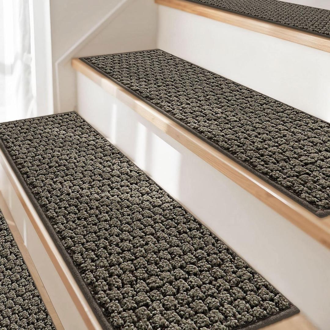 JSEI Stair Treads for Wooden Steps, 14 Pack 9" X 28" Non-Slip Machine Washable Carpet Stair Treads with TPE Backing, Soft Indoor Stair Rug Runner for Kids Elders & Pets, 100% Polyester, Greyish Brown