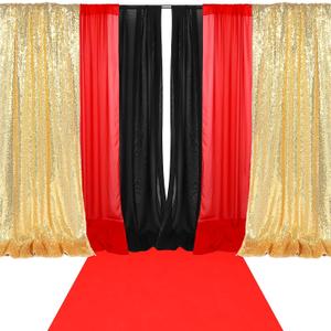 Tingjoo 7 Pcs Red Black Gold Movie Night Sequin Backdrop Curtains with Red Carpet 2ft x 8ft Photo Background Curtain Stage Door Entrance Runner Cover for VIP Movie Night Party Wedding Birthday Decor