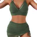 Fanuerg Womens High Waisted Bikini Sets Tummy Control Swim Skirt Swimsuits Mesh Sarong Wraps Two Piece Bathing Suits (Large, Army Green)