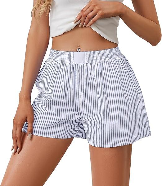 SHBECYDE Casual Striped Summer Shorts for Women Button Elastic Waist Loose Boxers Bottom with Pockets Comfy Pajama Shorts Size Medium