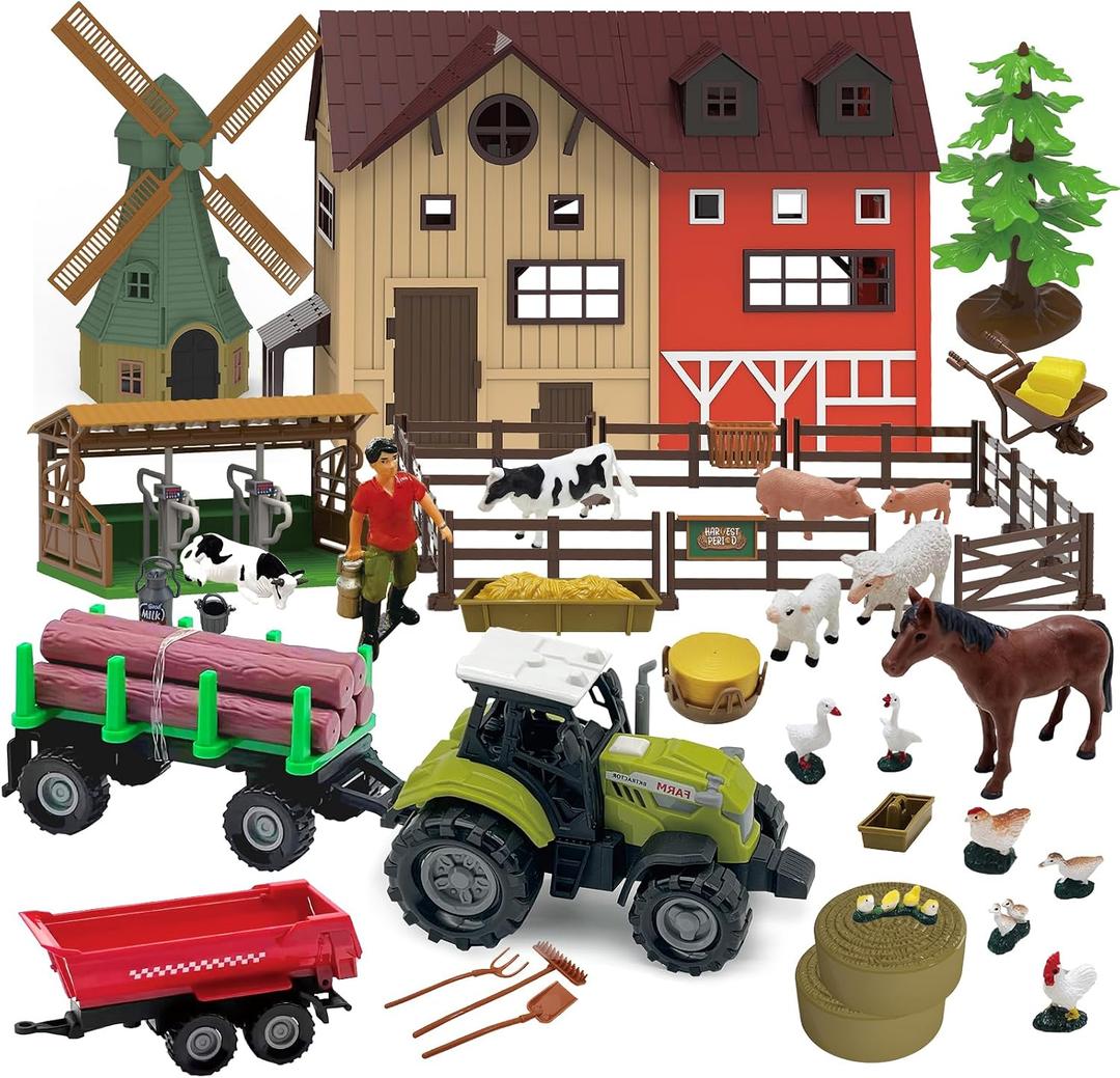 136PCS Farm Animals Toys Set Comes with Barn, Tractor Trailer, Milking shed, Windmill, Farmer, Fence - Playset for Kids Toddlers Boys Girls 5+ Years Old