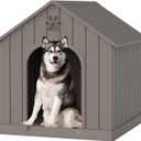 Large Dog House Outdoor Indoor, Durable Plastic Waterproof Doghouse with Air Vents and Elevated Floor, Easy Clean and Assemble for Medium Large Dogs (Classic Grey, 36.2''L38''W38''H)