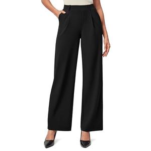 IUGA Womens Dress Pants Wide Leg Pull On Stretchy Work Pants Women High Waisted Business Casual Trousers with Pockets Medium, Black 