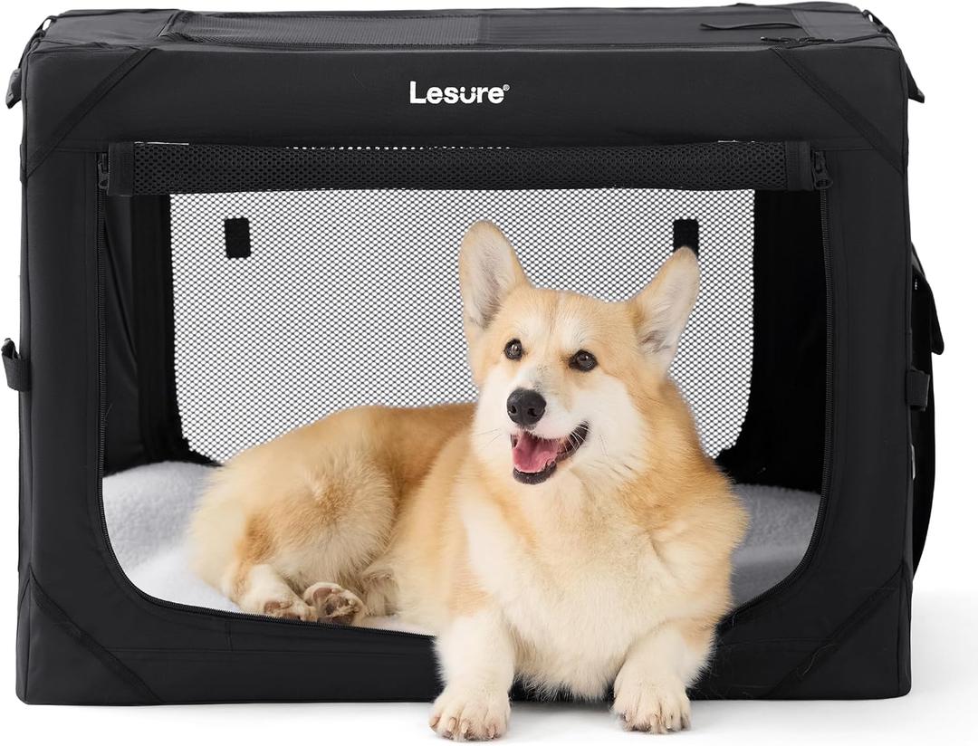 Lesure Collapsible Dog Crate - Portable Travel Kennel for Medium Dog, 4-Door Pet Crate with Mesh Windows, Indoor & Outdoor, Black (30.0"L x 21.0"W x 21.0"H)