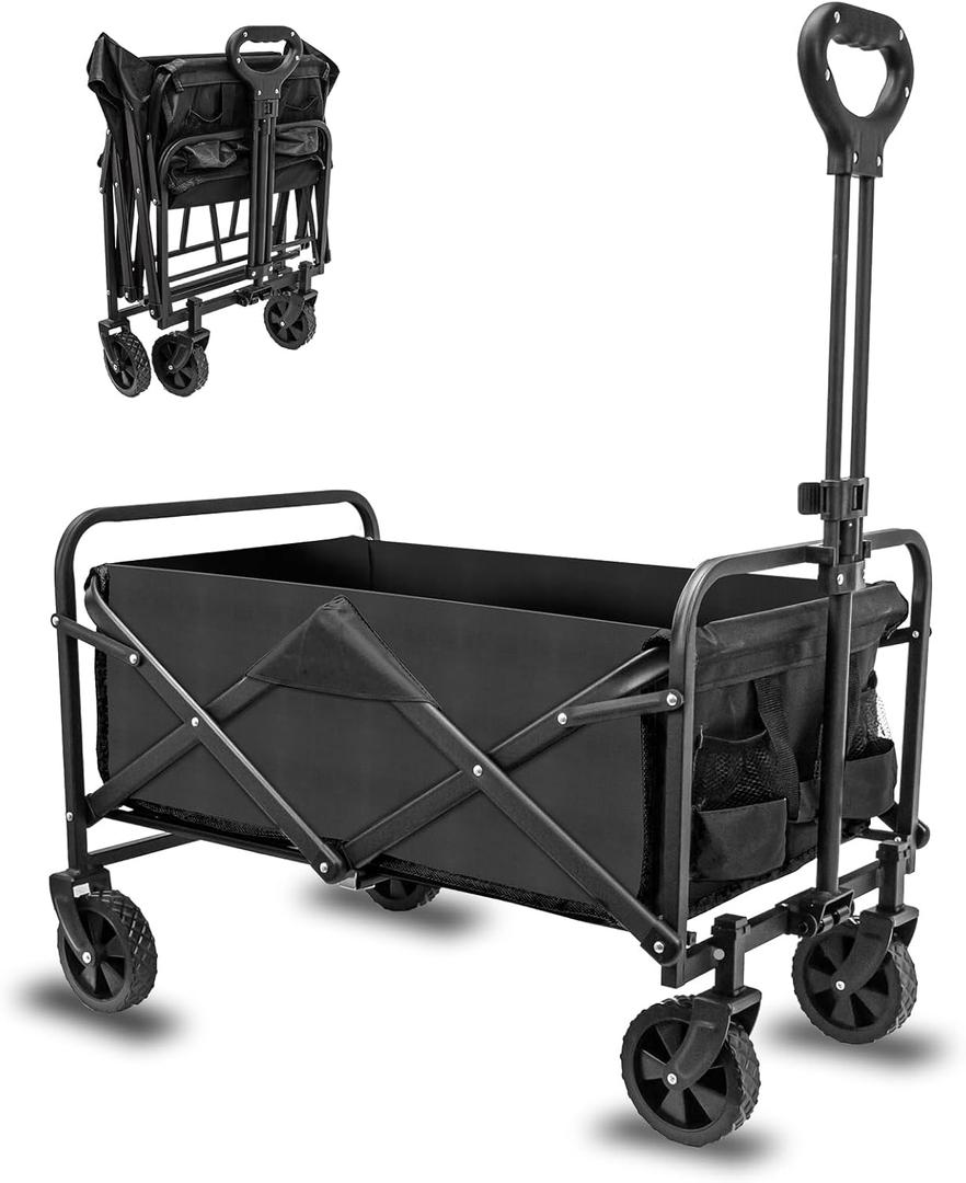 Collapsible Foldable Wagon, Beach Wagon Cart Heavy Duty with Wheels Foldable, Utility Folding Grocery Wagon for Camping, Sports, Outdoor Activities, (Black) 