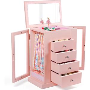 Emfogo Jewelry Box for Girls, Musical Jewelry Box with Spinning Dancer Gifts for Little Girls Christmas New Year Birthday Children's Day, 5 Layer Large Wooden Kids Music Jewelry Organizer Box (Pink)