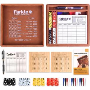 Farkle Dice Tray and Storage Case - Includes Embedded Scoring Combinations, 4 Sets of 6 Pearl Dice, 50 Sheet Score, 2 Scoreboards, 12 Scoring Sticks, and a Pen for The Classic Family Games (Brown)
