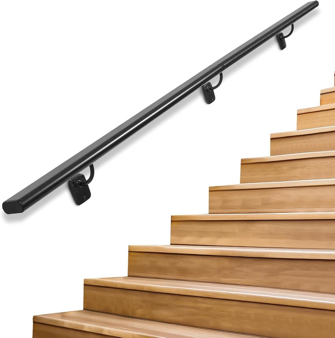 Industrial Stair Handrail Wall-Mounted Hand Rails for Indoor Stairs Black Pipe Stair Railing Indoor Metal Hand Rail for Indoor & Outdoor Steps Aluminum Staircase Handrail for Stairs 5ft
