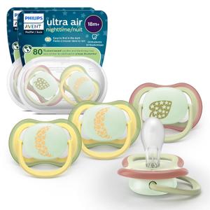 Philips Avent Ultra Air Nighttime Pacifiers - Orthodontic Design, for Babies 18 Months+, Glow in The Dark, Extra-Firm Silicone Symmetrical Nipple, BPA-Free, 2 Sterilizing Cases, 4 Pack, SCF376/38 (Pale Yellow)