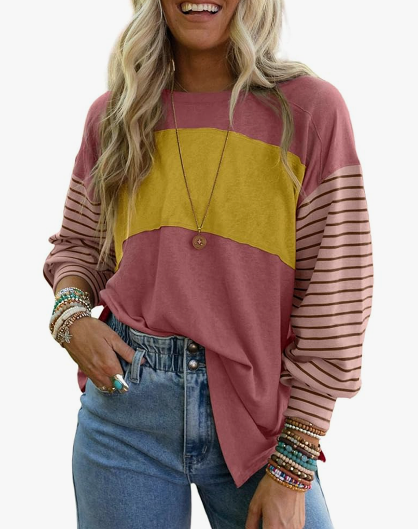 Dokotoo Long Sleeve Tops Oversized 2025 Trendy Round Crew Neck Casual Color Block Womens Shirts Blouses M