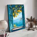 Framed Open Window Beach Canvas Wall Art Coastal Wall Decor Picture White Flowers and Butterflies Painting Artwork Fake Window Wall Art Horizontal Nature Landscape Seaside Summer Print for Home Decoration (E, 16x24inch(40x60cm), Framed)