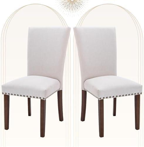 COLAMY Upholstered Parsons Dining Chairs Set of 2, Fabric Dining Room Kitchen Side Chair with Nailhead Trim and Wood Legs - Beige