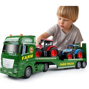 Dwi Dowellin Large Flatbed Semi Truck Toy for Kids,Includes Farm Vehicles,Car Toy Birthday Gift for 2 3 4 5 Years Old Boys and Girls