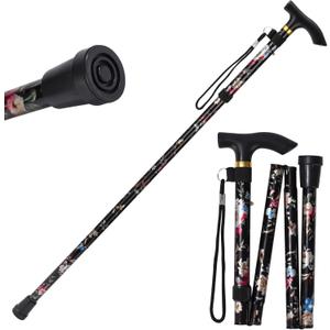 Walking Cane, Folding Cane for Man & Women, Portable Lightweight | 5-Level Adjustable Height, Collapsible Cane for Seniors Balancing Mobility Aid (Black Flowers)
