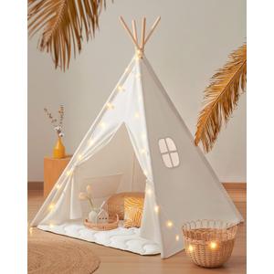 Tiny Land Teepee Tent for Kids  100% Cotton Play Tent with Padded Mat & Star Lights, Foldable with Carry Bag, Indoor Play Tent for Girls & Boys