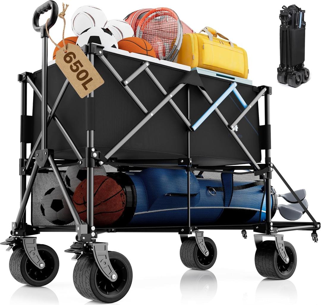 Homebetta 52" Heavy Duty Double-Layer Wagon with Brakes,560LBS Double Decker Wagon,650L Collapsible Wagons Carts with All-Terrain Big Wheels for Sports,Camping,Fishing,Transport