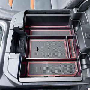 Center Console Organizer Compatible with 2019-2022 Chevy Silverado/Sierra 1500 and 2020-2023 Silverado/Sierra 2500HD 3500HD Accessories Armrest Full Size Tray,Full Console w/Bucket Seats ONLY,Red
