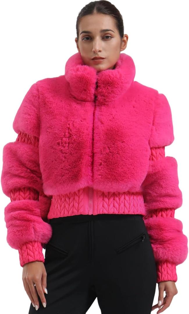 GSOU SNOW Women Ski Jacket Faux Fur Snowboard Coat Snow Cropped Jacket Winter Outdoor Warm (Small, Rose)