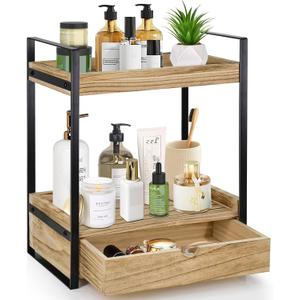 2-Tier Bathroom Organizer Countertop with Drawer, Wood Counter Shelf for Storage, Vanity Tray for Organization and Decor, Countertop Organizer for Bathroom, Kitchen, Office (Brown)