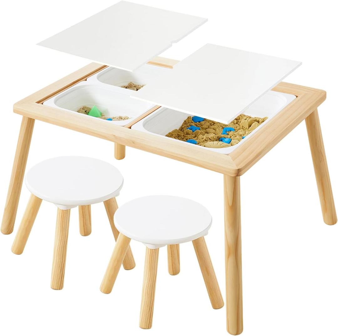 Asweets Sensory Table for Toddlers, Indoor Table with Storage Bins, Kids Play Activity Desk with 3 White Bins & 2 Chairs for Boys Girls Gift, 29''L x 20''W x 21''H, 1 Large Bin + 2 Small Bins + 2 Chairs