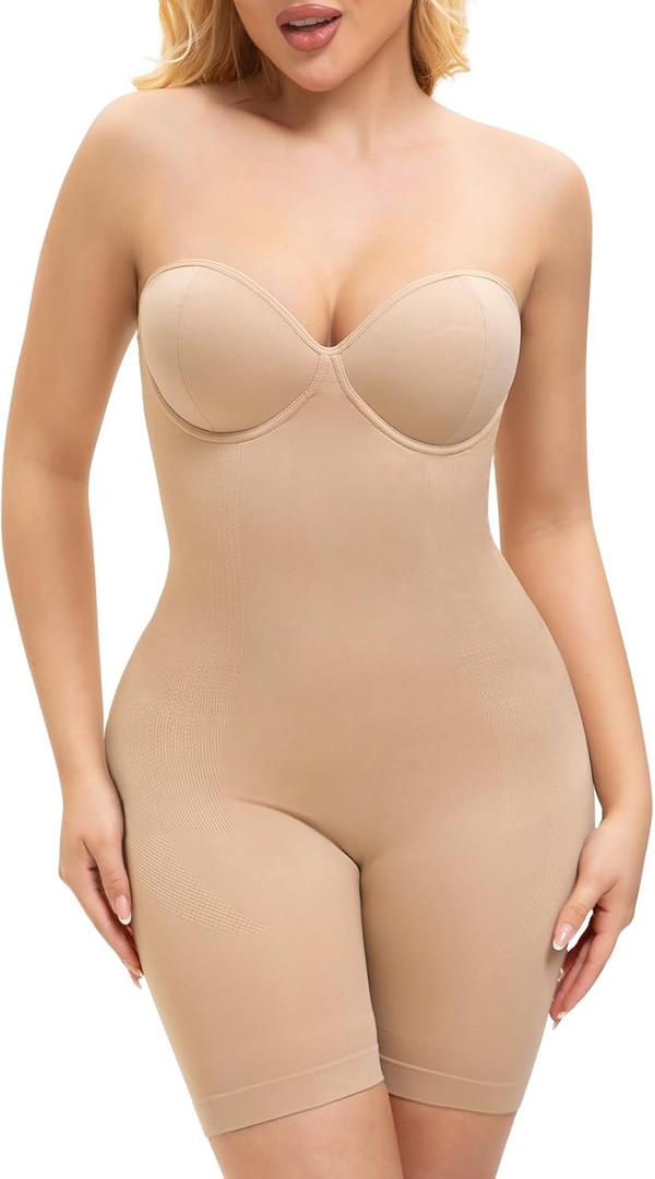 Slimers Strapless Shapewear Bodysuit For Woman: Seamless Body Shaper Built In Bar - Tummy Control Butt Lifter Shapewear (Medium, Nude)