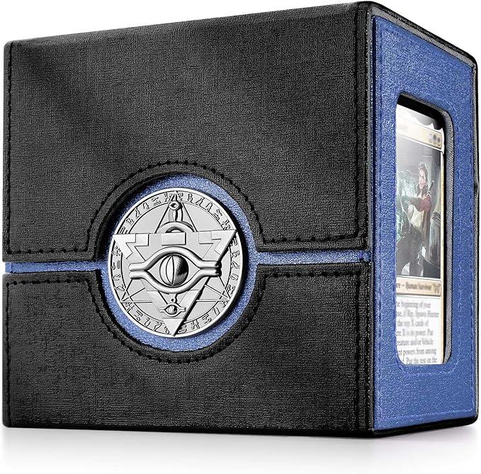 Kabinka Commander Deck Box for MTG with Dice Tray, Yugioh Deck Box with Metal Emblem, Holds 100 Double-Sleeved Cards for TCG, Cards Storage Case with 35PT Magnetic Card Holder (Black& Blue, Puzzle)