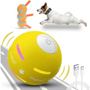OULUXYLS Dog Balls,The 3rd Generation Interactive Toys for Puppy/Small/Medium/Large Dogs,Improved Dog Rolling Effect Tennis Ball with Strap, Tough Motion Activated Automatic Moving Dog Toys (Yellow)