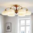 Milk Glass Chandelier Farmhouse Rustic Semi Flush Mount Ceiling Lamp Frosted White Globe Pendant Light Mid Century Modern Wood Grain Chandelier Sputnik Ceiling Light (6- Light)