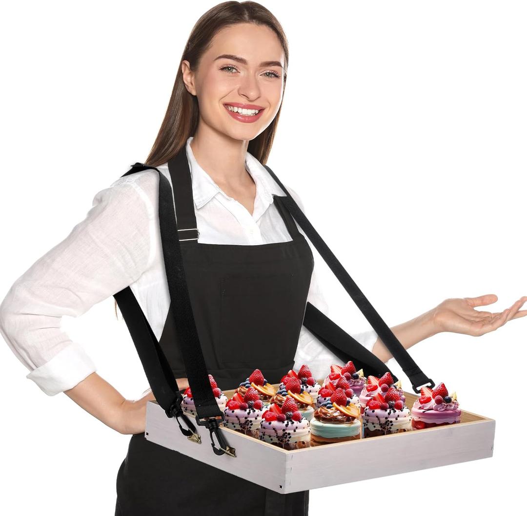 Wooden Snack Trays with Strap 15 x 11 x 2 Inch Movie Night Party Serving Trays Usherette Popcorn Drink Beverage Carrier for 20's Theme Costume Carnival Valentines St. Patricks Day Prop(White)